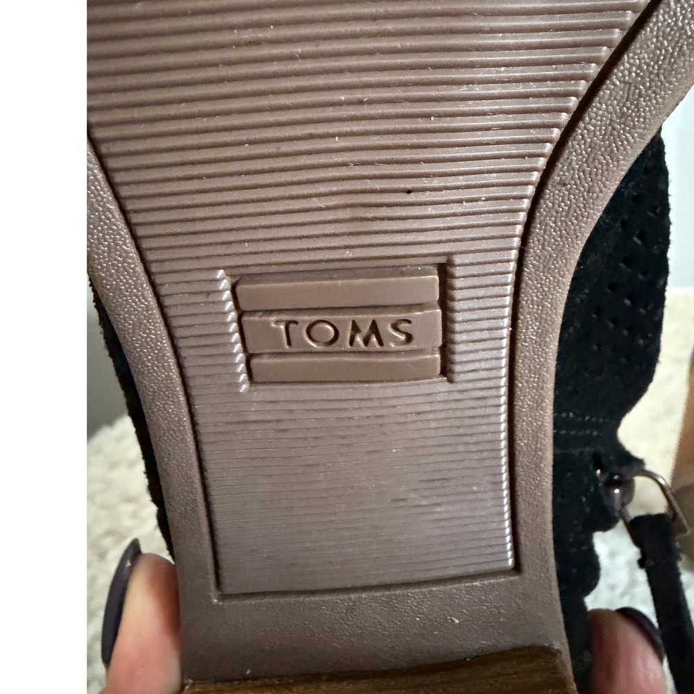 Toms Booties Black Suede Ankle High Majorca Perforated 7.5 Peep Toe Block Heel - Picture 6 of 12
